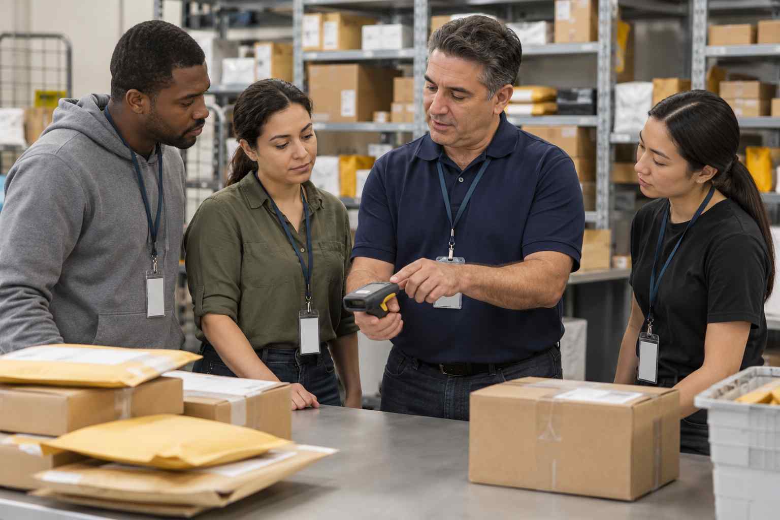 A trainer showing three new employees how to use a handheld scanner at a mailroom counter, everyone engaged