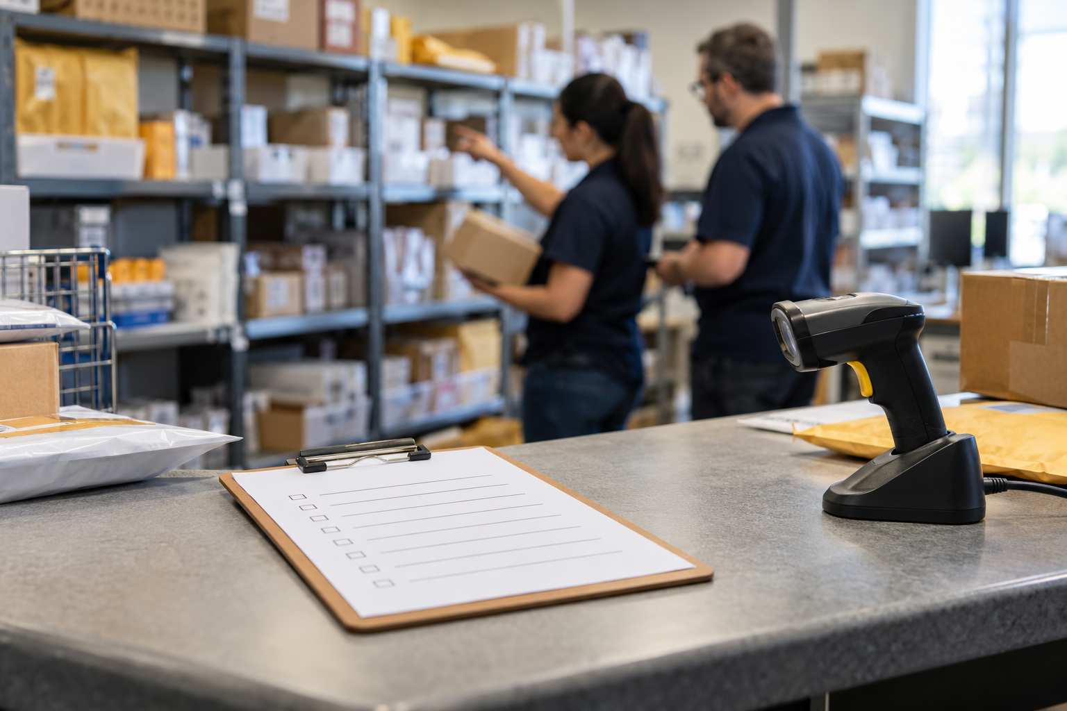 A one-page checklist on a clipboard beside a barcode scanner on a mailroom counter, a coworker cross-training a colleague in the background
