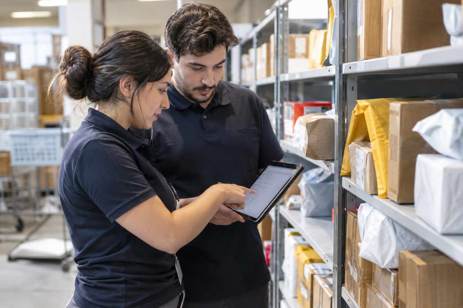 Two clerks looking at one tablet showing a blurred list of open packages, standing next to a shelf of packages in a mailroom
