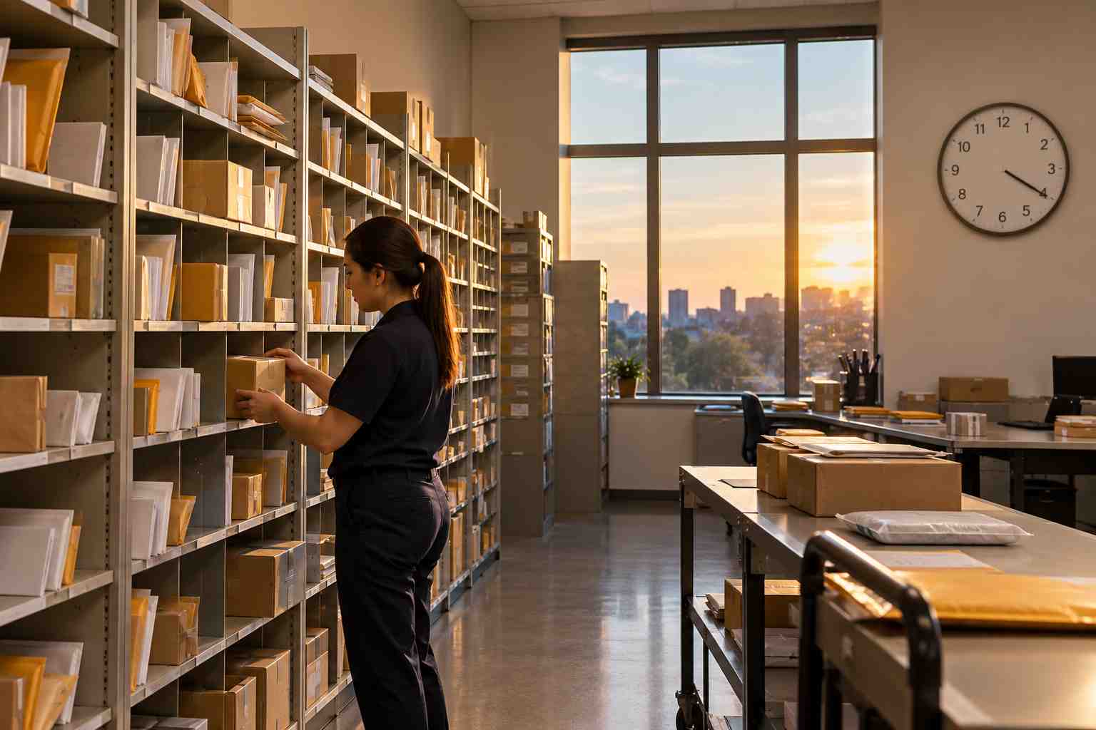 A mailroom at the end of the workday with neatly sorted shelves, a clerk tidying the last packages