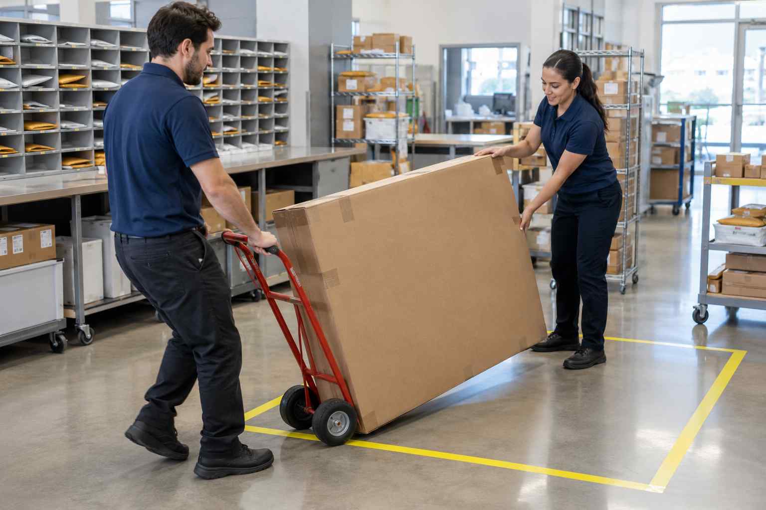 Two employees using a hand truck to move a large flat box into a floor-level oversized zone marked with tape on the floor of a bright mailroom