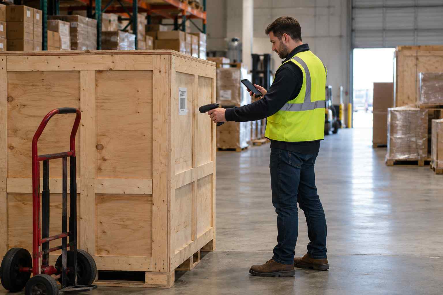 A clerk scanning the label on a large crate with a handheld scanner while holding a phone in the other hand, a hand truck beside the crate