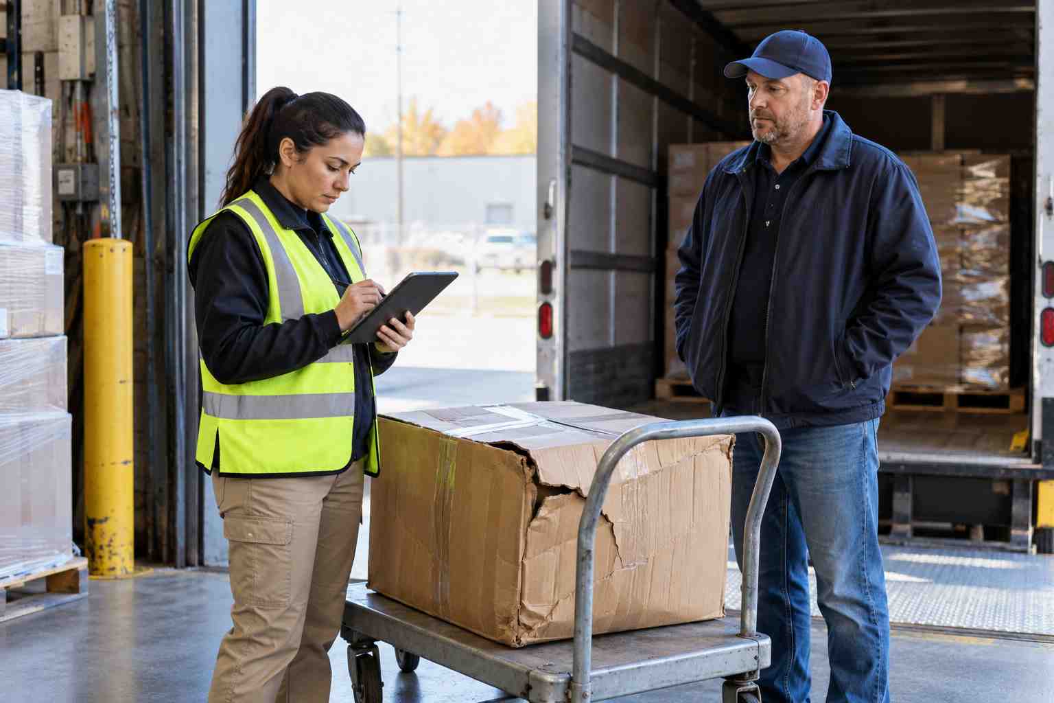 A receiving clerk writing a note on a handheld tablet at a dock door while a delivery driver waits, a damaged box on the cart between them