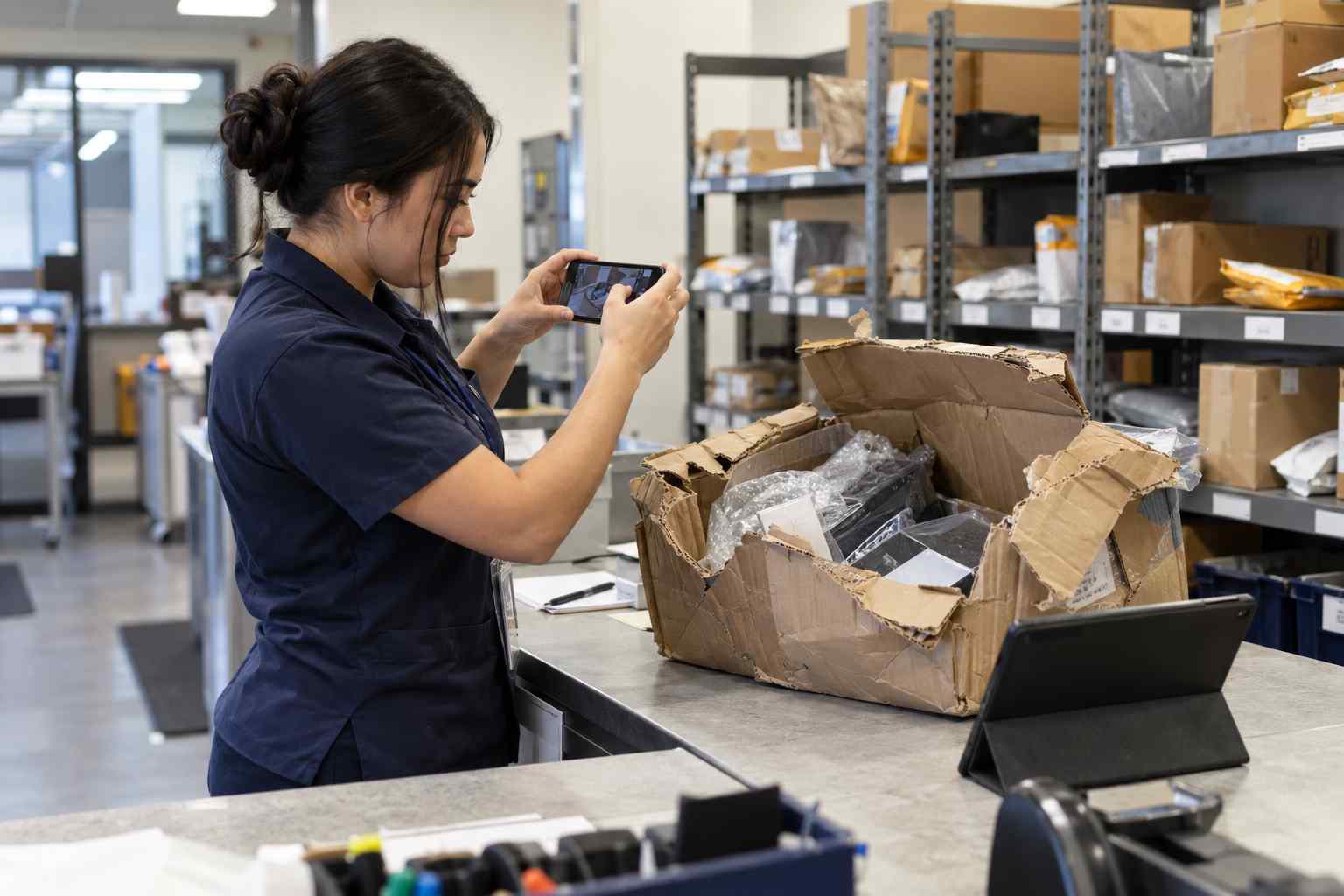 A mailroom counter with a damaged box opened, a clerk photographing the contents beside a tablet and a labeled hold shelf