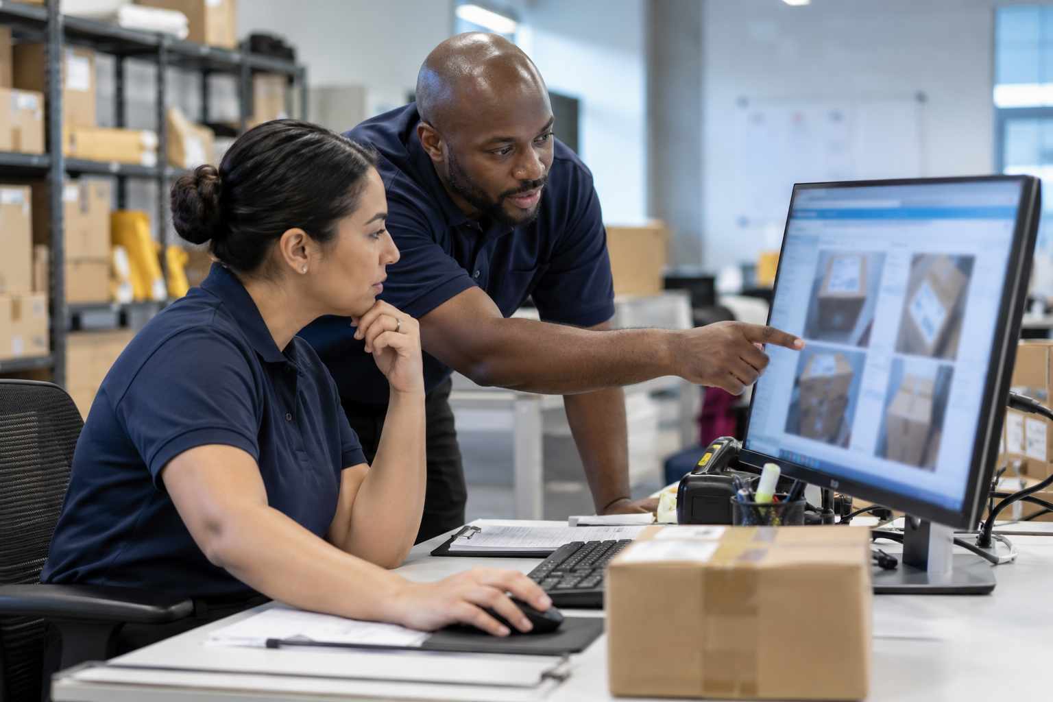 Two mailroom staff at a desk reviewing a package record with several photos on a computer monitor, screen details blurred and unreadable