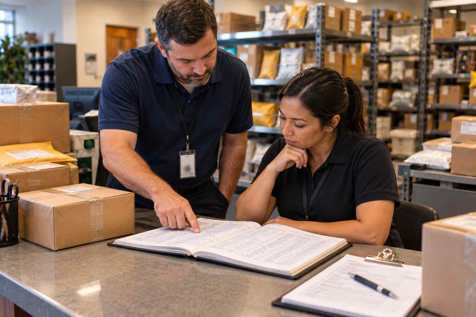 Two mailroom staff reviewing pages of a paper package log together at a counter