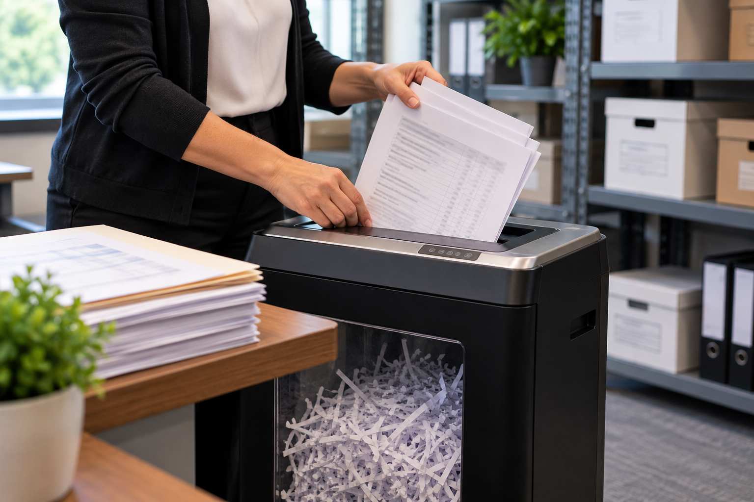Office worker feeding documents into a paper shredder