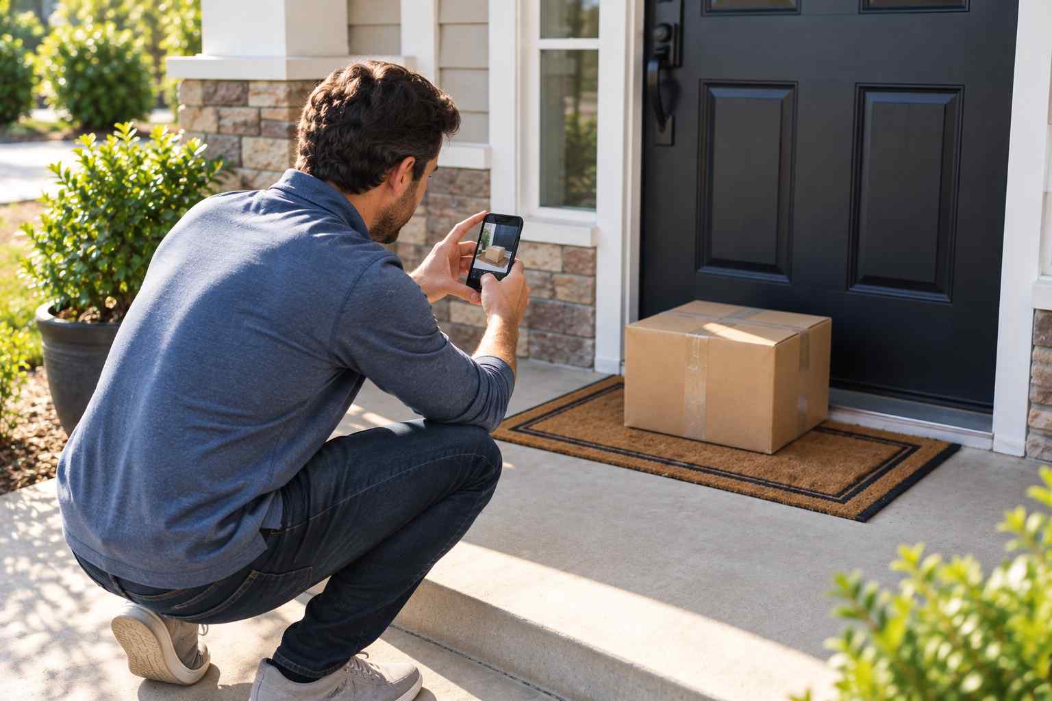 Person crouching on their front porch taking a photo of a package at the door with a smartphone