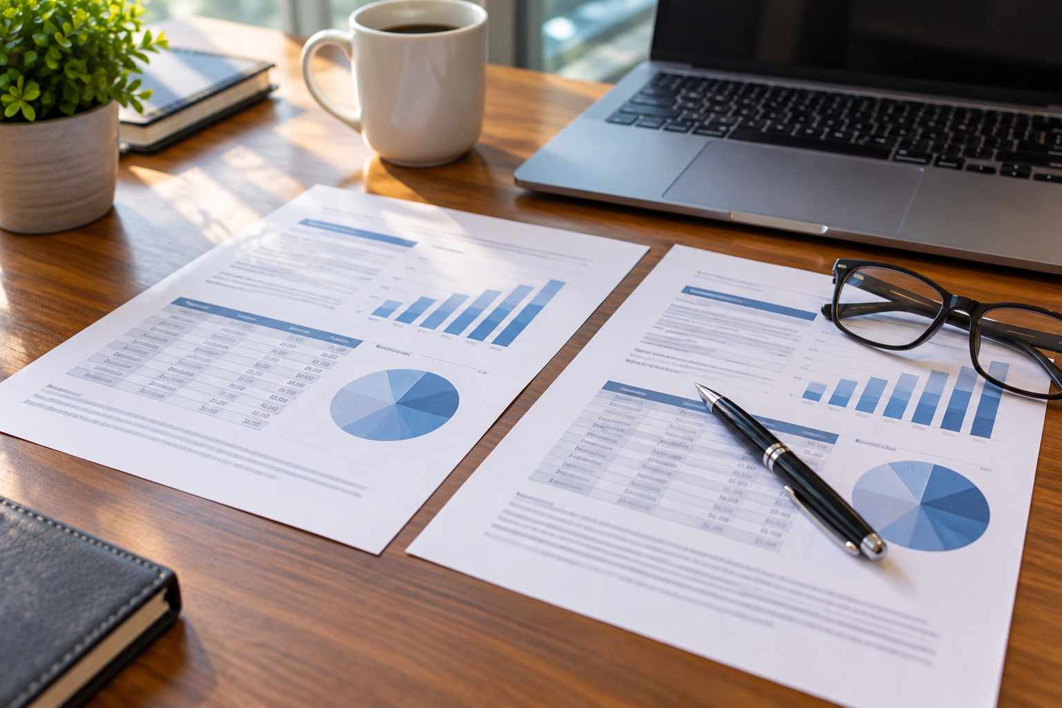 Two printed quote sheets side by side on a desk with a pen and reading glasses