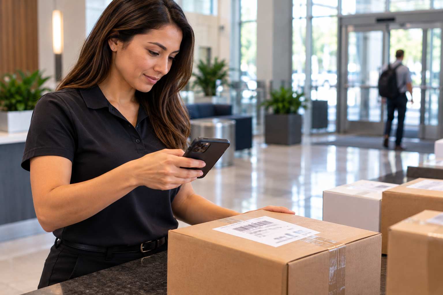Worker in a building lobby scanning a package label with a smartphone