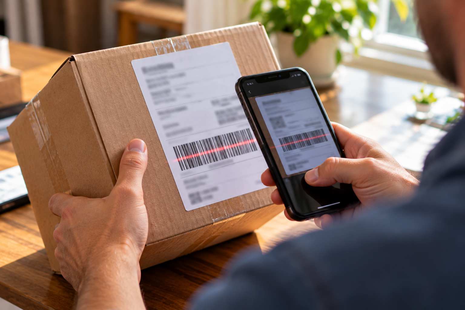 Hand holding a smartphone scanning the barcode on a plain shipping label on a cardboard box