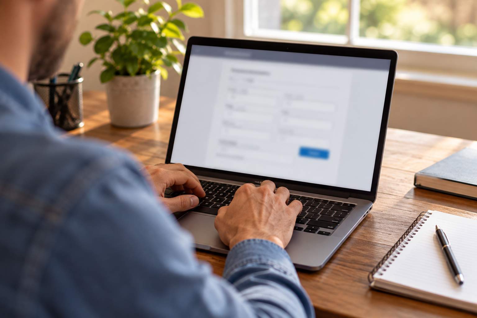 Adult typing on a laptop at a home desk filling out an online sign-up form